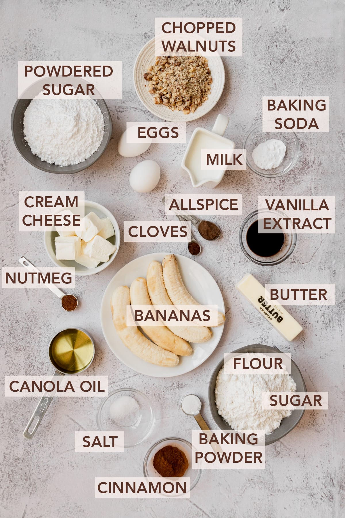 Labeled banana spice cake ingredients on a white background.