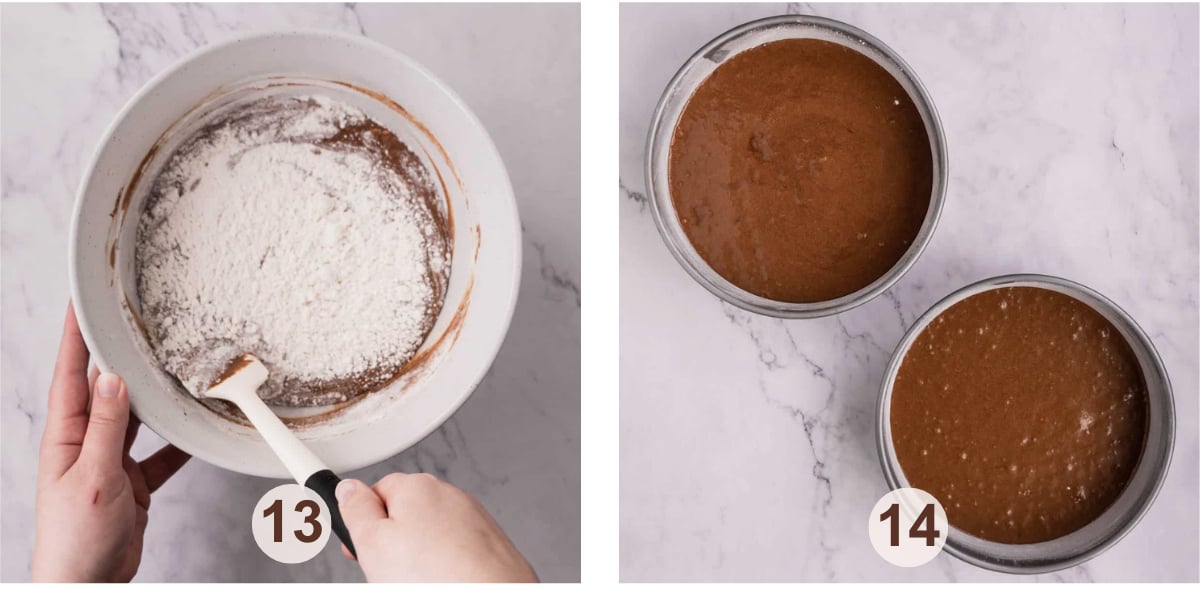 Add dry ingredients to the wet ingredient mixture and pour batter into two cake pans.