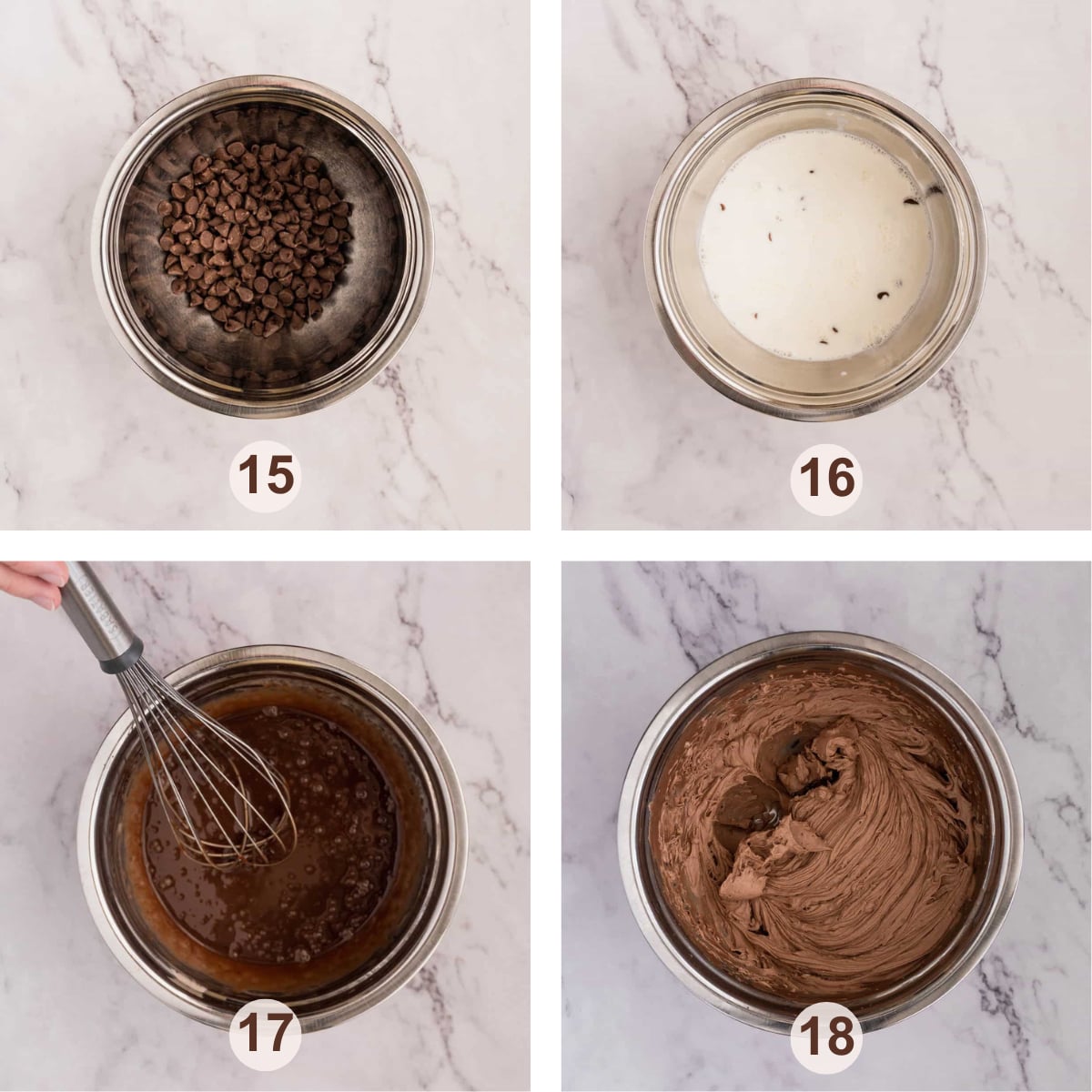 How to make whipped chocolate ganache step by step with numbered photos.