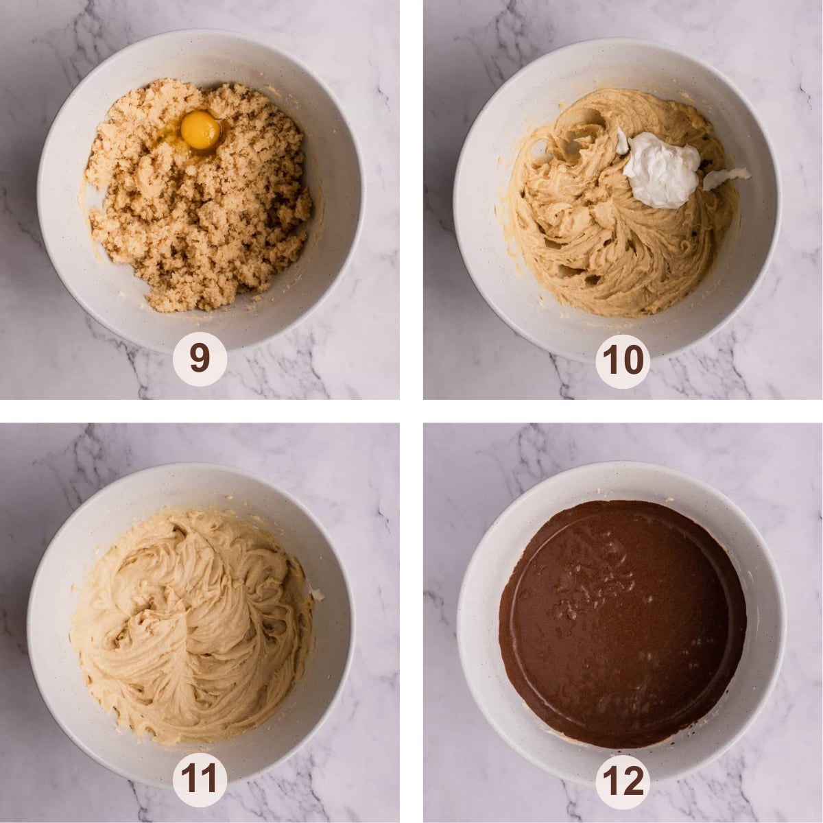 Combine wet ingredients for cake batter into a bowl step by step with numbers.