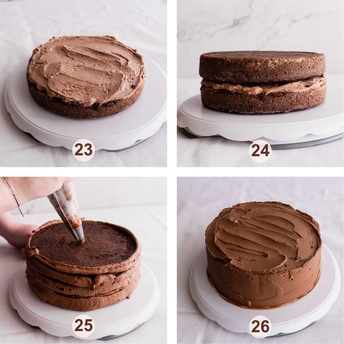 Frosting and assembling moist chocolate ganache cake step by step with numbers.
