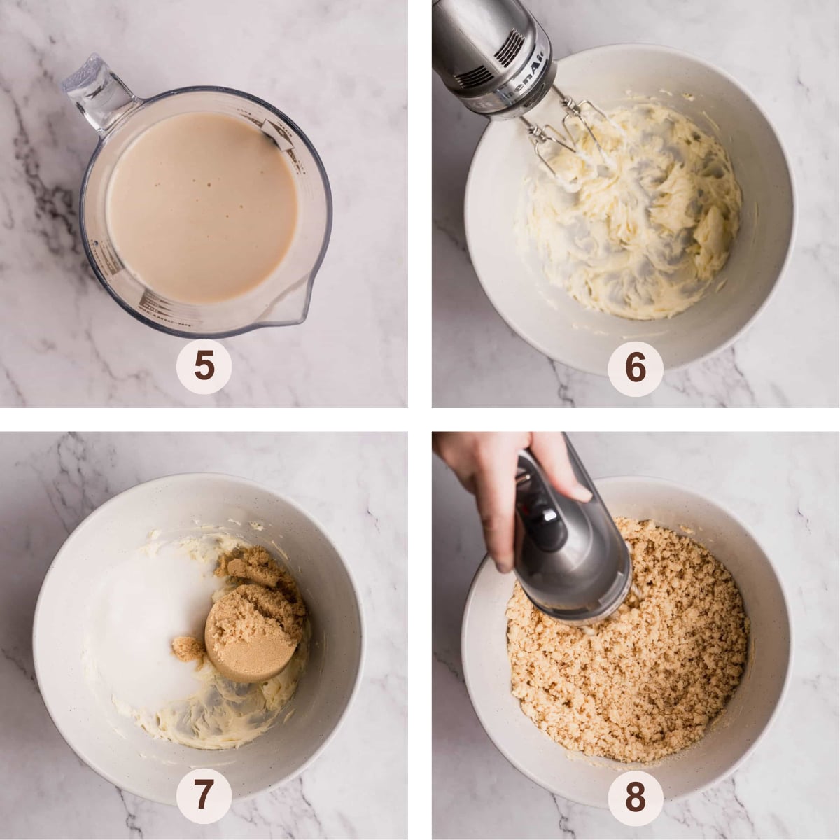 Numbered process photos of making chocolate ganache cake batter wet ingredients.